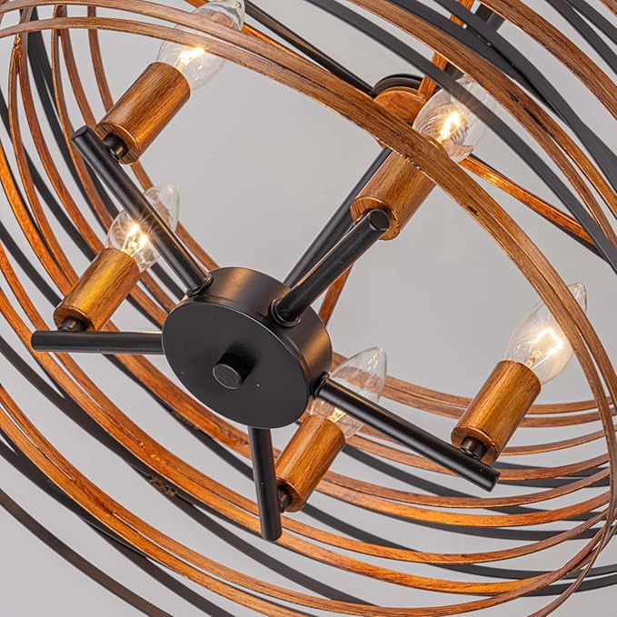 5-Light Farmhouse Drum Chandeliers, 2-Tiers Pendant Light Fixture for Dining Room, Living Room, Bedroom, Adjustable Height 17~47", Wood Texture & Matte Black Finish