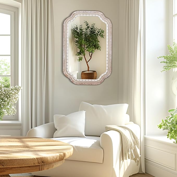 36x24 Wooden Scalloped Decorative Wall Mirror with Beaded Frame, Rustic Farmhouse Entryway Mirrors for Bathroom Vanity, Foyer, Hallway, or Over Sink (Horizontal/Vertical)