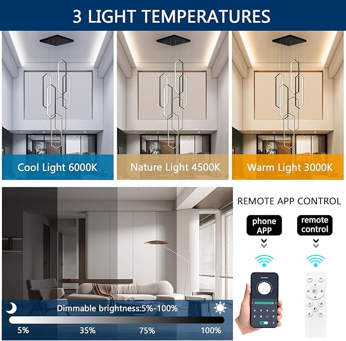 6-Rings Chandelier Modern, Black Contemporary LED Light for Living Room Entrance, Dimmable Flush Mount High Ceiling Chandeliers with Remote Control for Villa Foyer