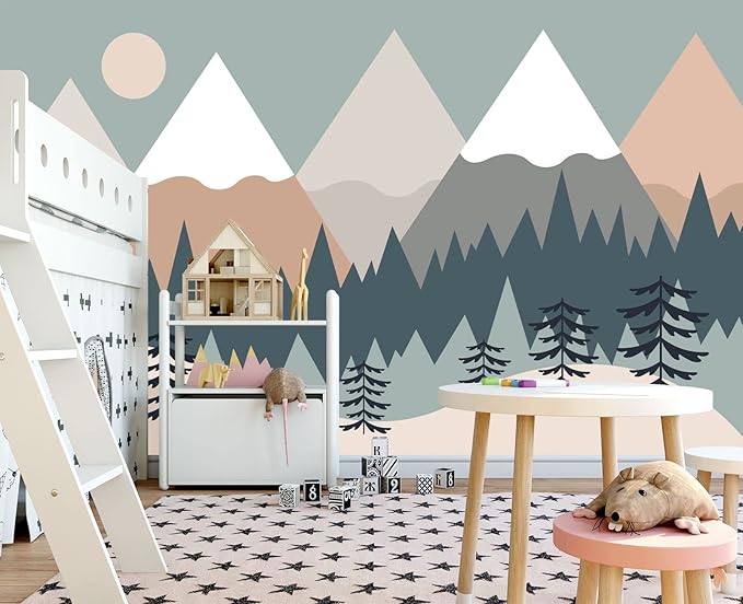 Children's Cartoon Mountain Peak Forest Sun Nursery Wall Mural Wallpaper 103" x 69"