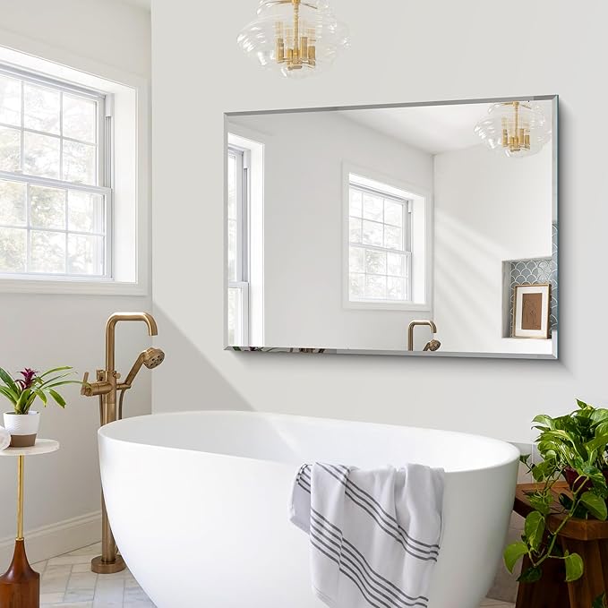 Beveled Bathroom Mirror, 55x36 Inch Large Frameless Mirrors for Over Sink, Upgraded Shatterproof Beveled Vanity Mirror for Bathroom,Bedroom,Living Room and Entryway