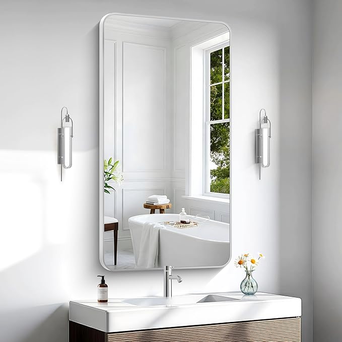 BONEWEI Silver Bathroom Mirror,24x48 inch Wall Mirror for Bathroom Wall Mounted,Rectangle Mirror for Bathroom Over Sink,Modern Frame Round Corner for Living Room,Bedroom Entryway,Horizontal/Vertical