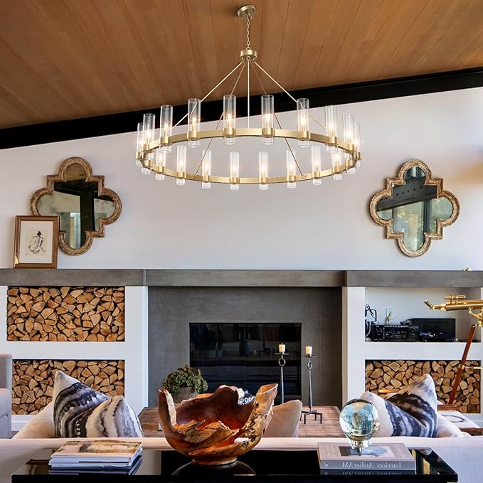 60" Gold Wagon Wheel Chandelier, Large 20-Light Farmhouse Round Pendant Light Fixture with Glass Shade, Hanging High Ceilings Chandeliers for Dining Room Kitchen Foyer Entryway Living Room