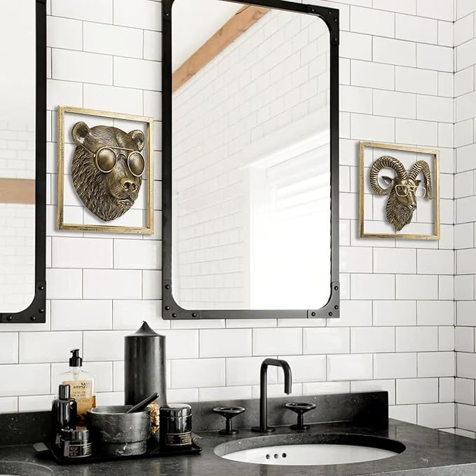 JJALIGHTS Animal Heads Wall Decor (Includes Metal Frame) Resin Animals Sculptures Head Wall Hanging Decoration Imitation Copper vintage Wall Sculpture for Living Room Bedroom Office (Bear)