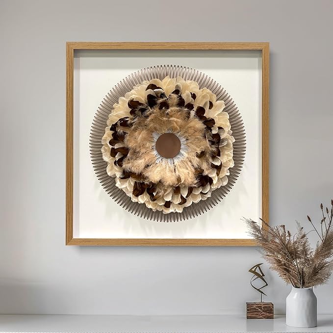BrightA Handmade Bohemian Wall Art Circular Feather and Leather Wall Sculpture with Organic Textured Gray Backdrop Boho Decor for Living Room Study Spaces 31.5"x31.5"
