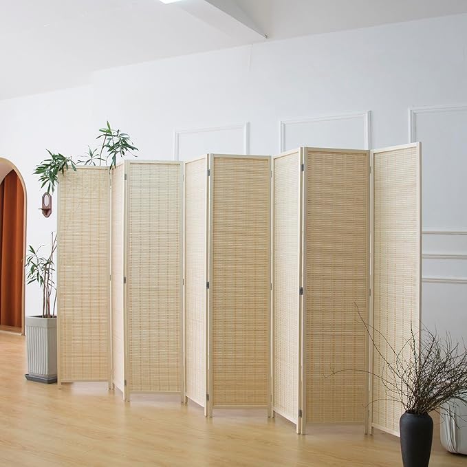 8 Panel Room Divider and Folding Panel Screen,Bamboo Panel Divider Screen for Room Separation,Beige,67" H x 122.8" W