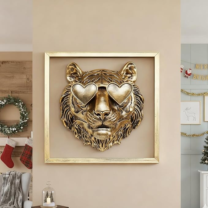 Animal Heads Wall Decor (Includes Metal Frame) Resin Animals Sculptures Head Wall Hanging Decoration Gold vintage Wall Sculpture for Living Room Bedroom Office(Tiger)