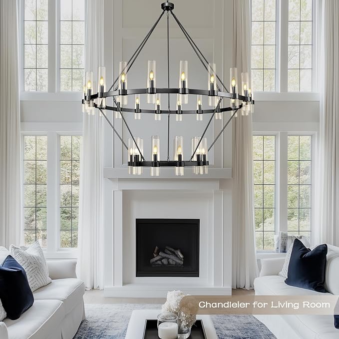 Black Wagon Wheel Chandelier 2 Tier, 60 Inch Chandeliers with Glass Shade, 30-Light Large Chandelier for High Ceiling, Modern Farmhouse Chandeliers for Living Room, Dining Room, Entryway and Staircase