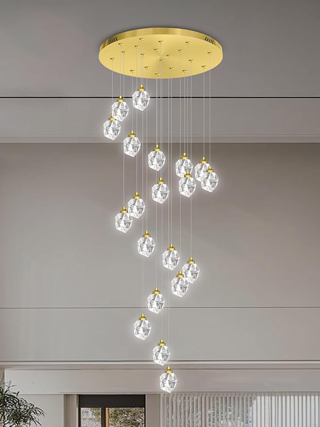 Large High Ceilings Chandeliers Modern Long Crystal Spiral Chandeliers,K9 Crystal Drop Chandelier for Staircase Foyer Entryway 20 Lights Gold D28XH135inch