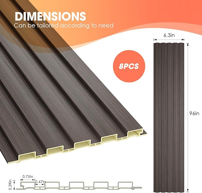 OUZUGIE WPC Acoustic Slat Wall Paneling, 8-Pack 96 x 6 Inches 3D Wall Panels for Interior Wall Decor,Living Room,TV Background,Study Room,Office Spaces,Bedroom,Low Grille (Walnut)