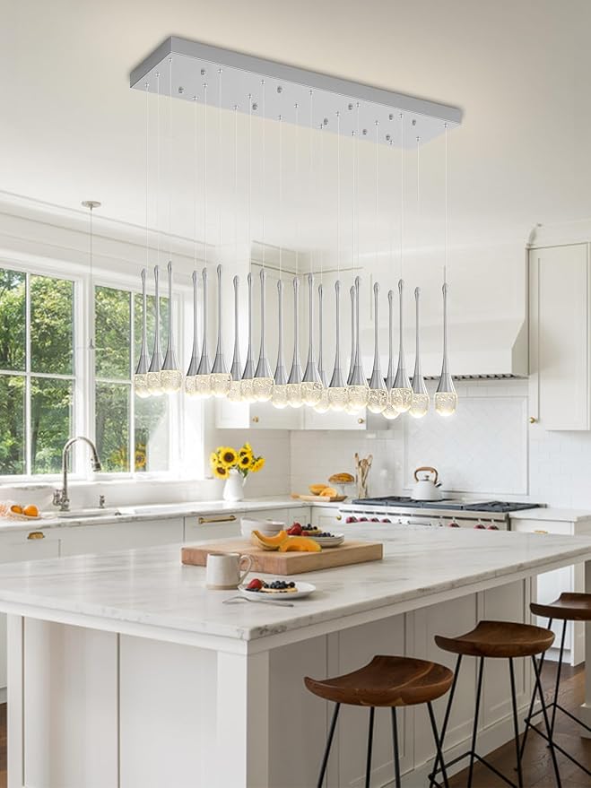 24-Lights Raindrop Chandeliers for Dining Room, Chrome Rectangular Pendant Lights Fixture,Teardrop Pendant Lights Kitchen Island, Adjustable Rectangular Chandelier for Entryway Foyer High Ceiling