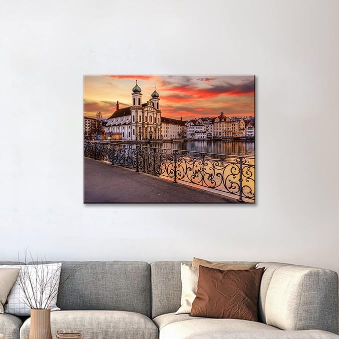 Mordern 1Pcs European Cityscape Canvas Wall Art Scenic Sunset Over River Cathedral with Domes Ready to Hang Architecture Romantic Travel Destination Decorative Framed Artwork for Living Rooms Bedrooms