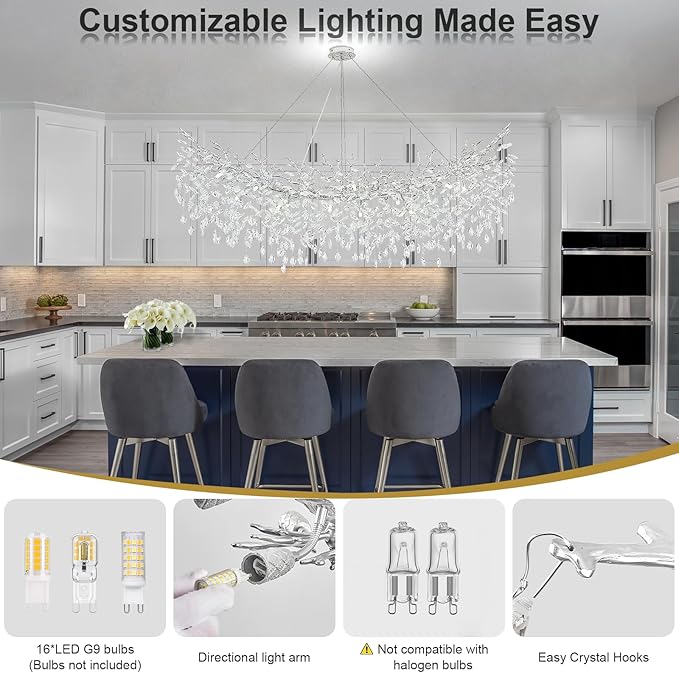 Modern Crystal Chandelier, 63" Large Rectangular Chandeliers for Dining Room Silver Tree Branch Chandeliers Over Table, 16 Lights High Ceiling Chandelier for Living Room Foyer