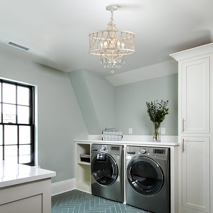 Modern Crystal Chandelier, 5-Light Farmhouse White Chandelier for Dining Room Vintage Hanging Pendant Light Fixtures Round Chandelier for Kitchen Island Entryway Foyer Bedroom Office Bar