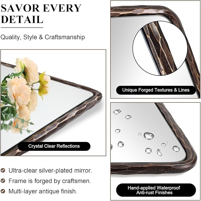ANDY STAR Hand-Forged Bronze Bathroom Mirror for Wall, 24x36 Inch Vintage Solid Steel Metal Frame Bathroom Vanity Mirror, Antique Rounded Rectangle Wall Mirror, Hangs Horizontally or Vertically