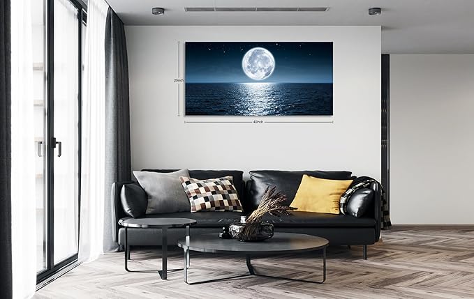 Aibonnly Wall Art Canvas Print Moon Sea Ocean Landscape 1 Panels Full moon Picture Painting Framed and Stretched Ready to Hang for Living Room Bedroom Office Home Decor Artwork 20x40inch