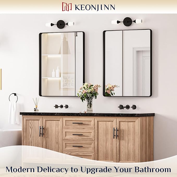 Keonjinn Black Bathroom Mirrors for Over Sink, 28 x 36 Inch Matte Sandblasted Finish Aluminum Vanity Mirror, Rectangle Farmhouse Mirrors with Shatterproof HD Tempered Glass, Anti-Rust Wall Mirror