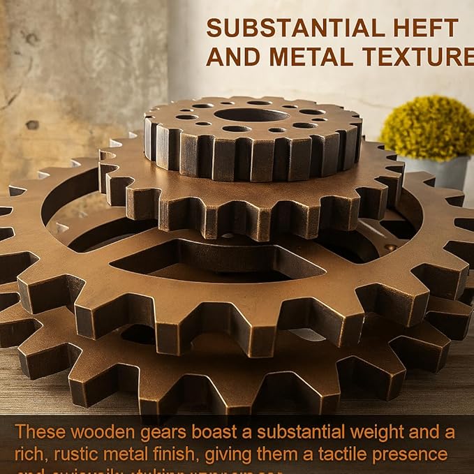 6 Piece Extra Large Vintage Wooden Gears Wooden Gears Wheels with Rustic Metal Look - Industrial Style Wall Decor Set for Home, Bar, Cafe, and DIY Crafts