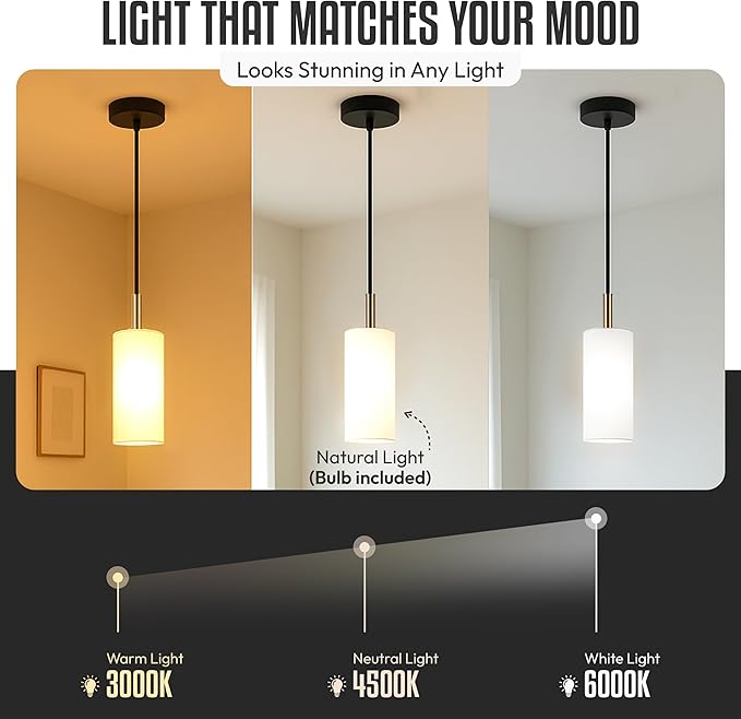 Luxury Black Pendant Light with Gold Finish and Warm White Bulb Included Adjustable Height - Farmhouse Pendant Light with Durable Glass for Dining Room Bedroom Office Bar Entryway