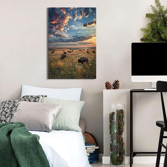 Large Landscape Wall Art Cow Pictures Wall Decor Tallgrass Prairie Scenic Canvas Prints for Living Room Decor Sunset Nature Scenery Poster Bisons Painting Artwork for Office Home Decorations 24x36"