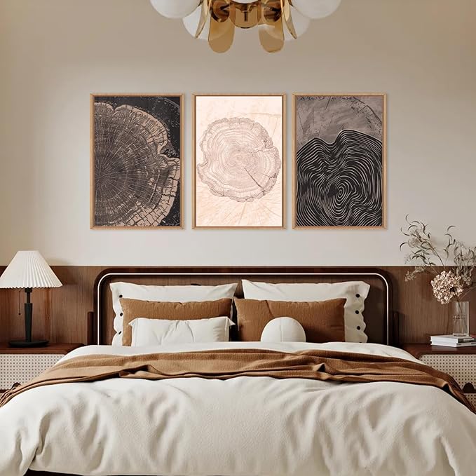 Beige Pastel Wood Tree Rings Framed Canvas Wall Art Set,Modern Nature Grey Wood Stump Wall Decor,Vintage Minimalist Tree Spiral Art Print for Living Room,Bedroom,Dining Room,Office-16 x24 x3