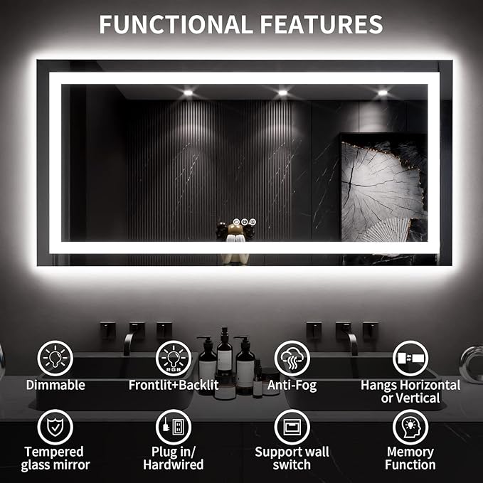 LOAAO 60X30 LED Bathroom Mirror with Lights, Anti-Fog, Dimmable, Backlit + Front Lit, Lighted Bathroom Vanity Mirror for Wall, Memory Function, Tempered Glass, ETL Listed