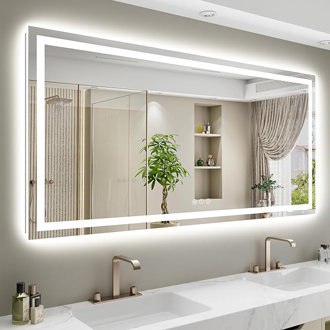 68x38 Inch LED Bathroom Mirror with Lights Front and Backlit Lighted Vanity Mirror for Bathroom Wall with 3 Colors Dimmable Anti-Fog Memory Shatter-Proof IP54 Waterproof Horizontal/Vertical
