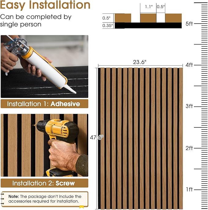 Acoustic Wood Slat Panels 2 Pack 47.6" x 23.6", Soundproof Wooden Wall Panels, 3D Fluted Panel for Interior Wall Decor, Living Room, Bedroom - Teak (Cover Approx. 16 sq.ft)