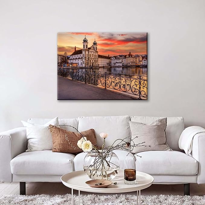 Mordern 1Pcs European Cityscape Canvas Wall Art Scenic Sunset Over River Cathedral with Domes Ready to Hang Architecture Romantic Travel Destination Decorative Framed Artwork for Living Rooms Bedrooms