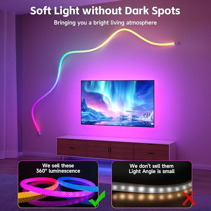 LED Rope Lights, 16.4ft Neon LED Lights Strip with 360 Degree Luminous, 5V USB Flexible IP67 Waterproof Music Sync Remote APP Control Gaming Lights Accessories for Bedroom Outdoor Décor
