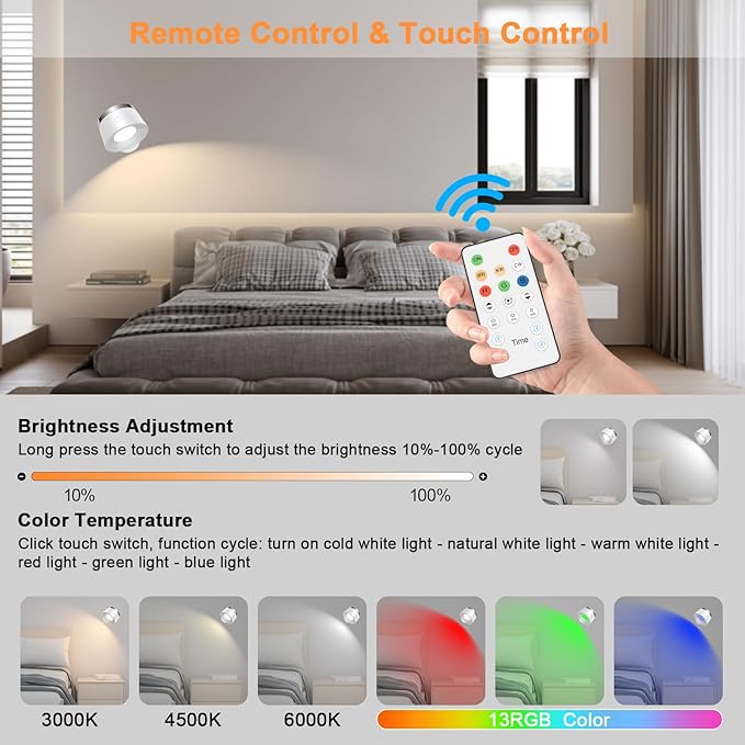 Moobibear LED Wall Lights with Remote, 3500mAh Rechargeable Battery Operated Wall Sconce, Dimmable 13RGB + 3 Color Temperature Magnetic Wireless Wall Lamp, for Rooms, Hallway (White, 2 PCS)