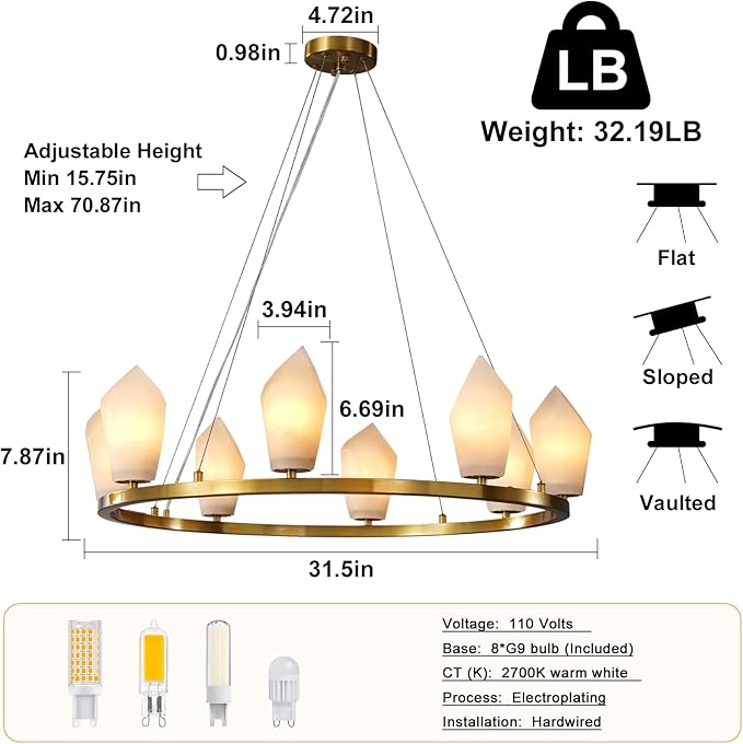 Alabaster Chandelier, 31.5" 8-Light Large Round Chandeliers for Living Room with Bulb, Wagon Wheel Chandelier for Entryway, Farmhouse Chandeliers for Bedroom, Gold Foyer Lighting Fixtures