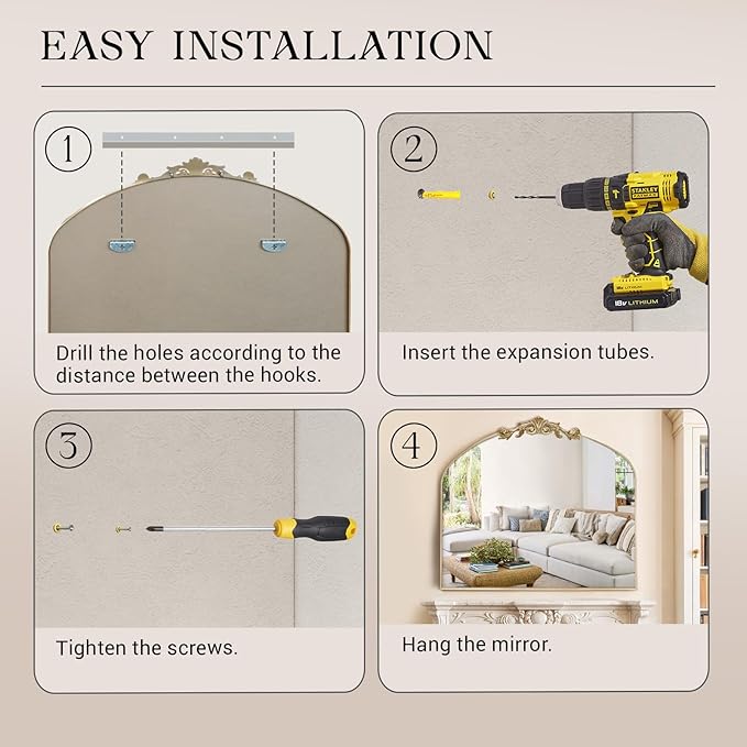 MISSDAY Vintage Retro Gold Baroque Mirror for Wall, 36"X30" Arched Antique Wall Mirror with Elegant Carving Top, Full Metal Frame Wall-Mounted Mirror for Bathroom, Living Room, Fireplace, Entryway