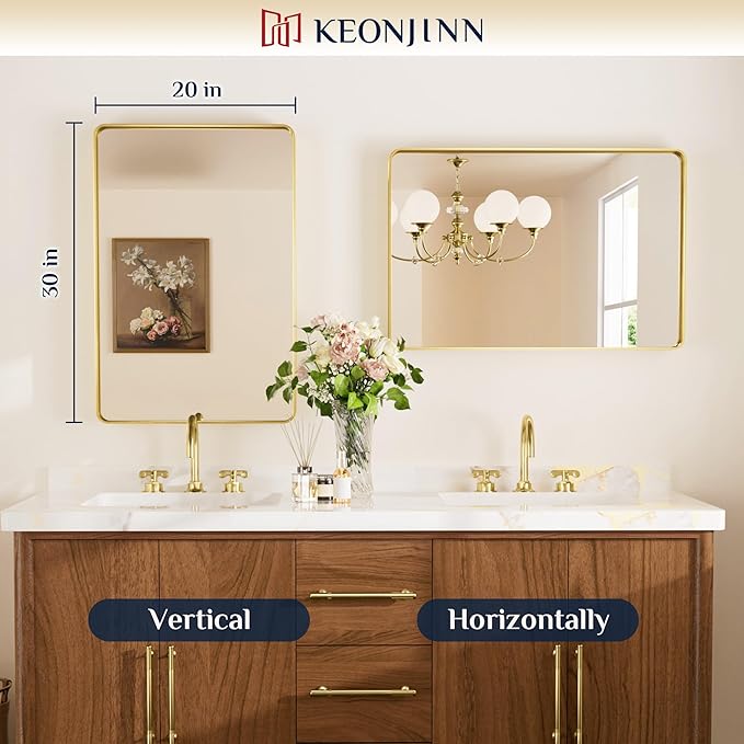Keonjinn Gold Bathroom Mirrors for Wall 20 x 30 Inch Rounded Rectangle Gold Vanity Mirror, Brushed Brass Mirror with Metal Frame, HD Tempered Glass, Decorative Farmhouse Mirror(Horizontal/Vertical)