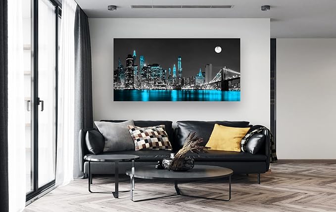 Jiuqinghua Wall Art Decor Canvas Print Picture 1 Panel Black White and Blue New York Brooklyn Bridge Cityscape Night Building Painting for Kitchen Office Home Decor Framed Ready to Hang 30x60inch