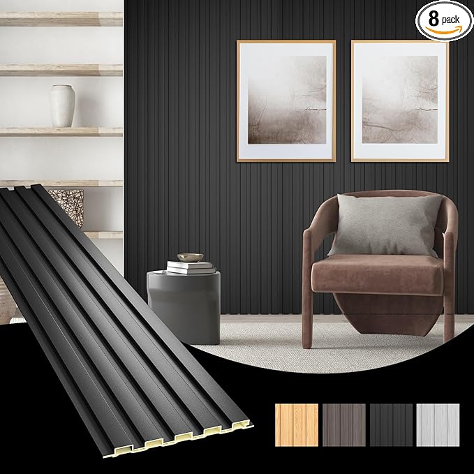 OUZUGIE WPC Acoustic Slat Wall Paneling, 8-Pack 96 x 6 Inches 3D Wall Panels for Interior Wall Decor,Living Room,TV Background,Study Room,Office Spaces,Bedroom,Low Grille (Black)