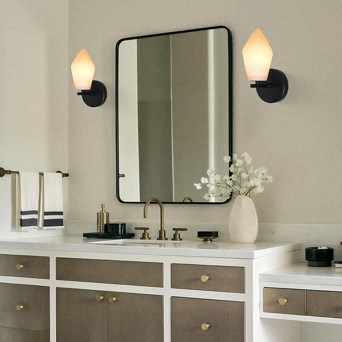 Alabaster Wall Sconce Set of Two, Spanish Marble Wall Light, Modern Wall Sconce for Bedroom, Hardwired Wall Lighting for Living Room, Wall Lamp for Bathroom Hallway Stairs, Black