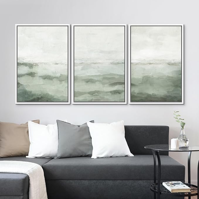 MUDECOR Framed Canvas Print Wall Art Sage Green Abstract Prints Minimalist Modern Wall Art Decor for Bedroom - 24"x36"x3 White