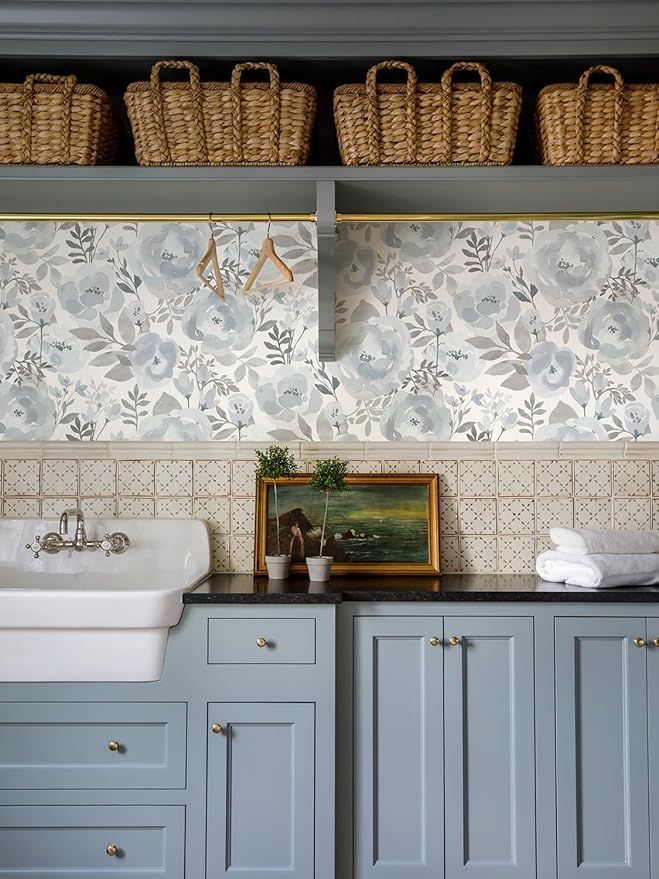 Orainege Floral Wallpaper Peel and Stick Wallpaper 17.3inx196.8in Self Adhesive Wall Paper Boho Contact Paper Removable Decorative Wallpaper for Bedroom Bathroom Shelf Liner Decor Vinyl,Blue