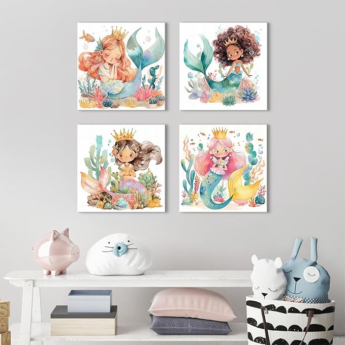 Mermaid Decor Wall Prints Mermaid Room Decor for Girls Bedroom Cute Under The Sea Decorations for Girls Nursery Posters Cartoon Bathroom Decor Wall Art Living Room Playroom Home Decorations 16×16" 4P
