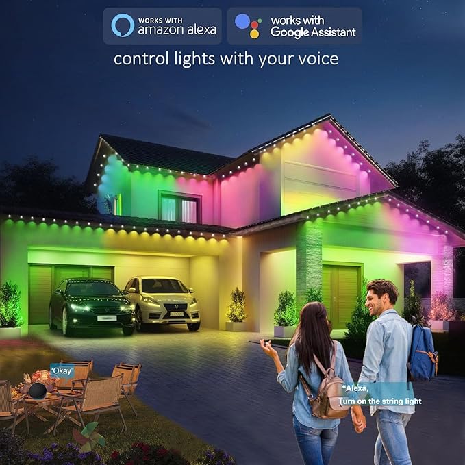 Outdoor Christmas Lights - 50ft Smart RGB+IC Color Eaves Lights with 63 Scene, IP67 Waterproof, Alexa & Google Assistant Voice Control
