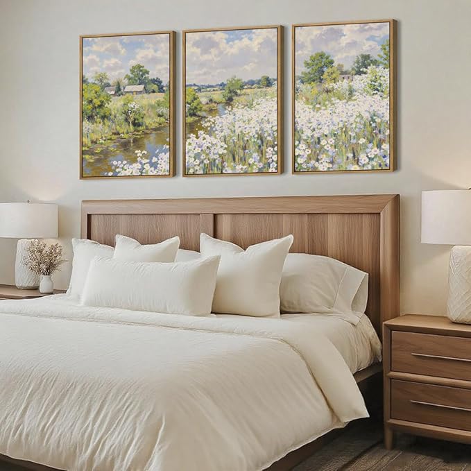 BINCUE Framed Wildflower Wall Art Rustic Floral Wall Decor Vintage Landscape Artwork for Living Room Bedroom Bathroom 16x24 Inches Set of 3