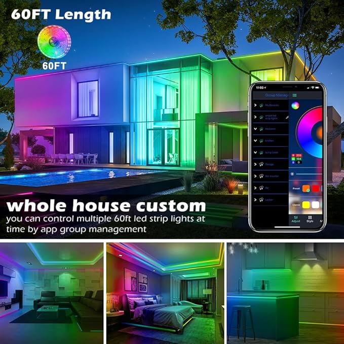 AILBTON Led Strip Lights,60ft Music Sync Color Changing, Built-in Mic,Bluetooth App Control LED Tape Lights with Remote,5050 RGB Rope Light Strips