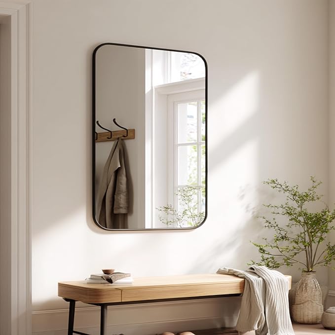 KOCUUY Black Bathroom Vanity Mirror, 30 x 48 inch Metal Frame Mirror with Rounded Corner, Rectangle Design of Upgraded Shatterproof Glass for Bathroom, Bedroom, Living Room, Entryway