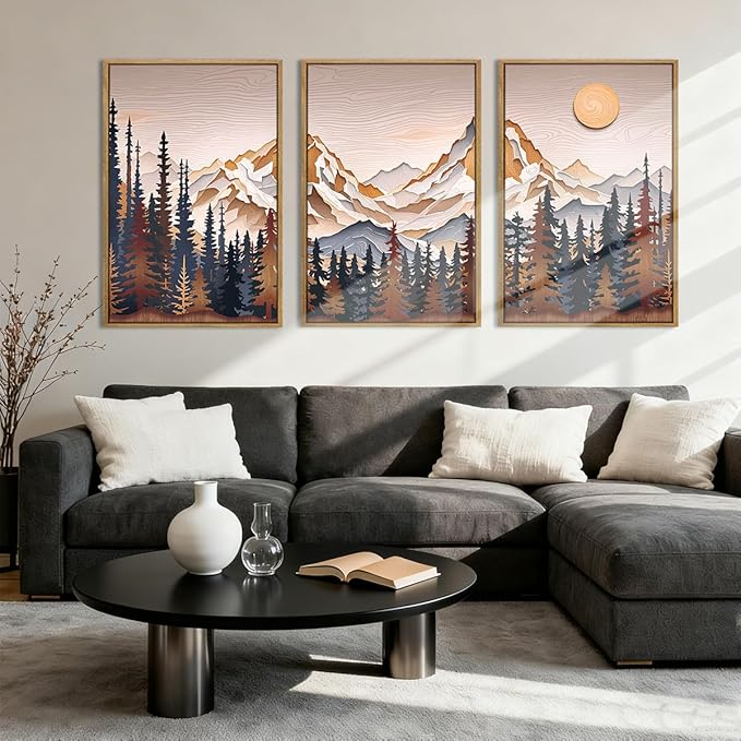 Anyzal Large Mountain Wall Art Pine Tree Forest Wall Decor Modern Abstract Mountain Range Painting Set of 3 for Living Room Bedroom Office 16x24 Inch