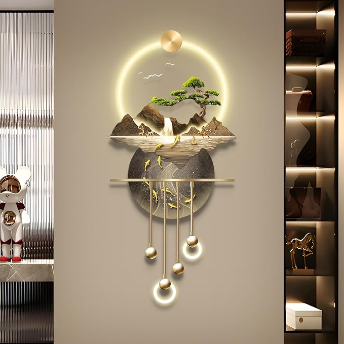 LED Light Decor Wall Art, 3D Art Wall Decor with Light, Decors Walls Sculptures Large 3D Art, Decors Walls Sculptures Lighting Modern, Plug-in Power Supply, Gold B, 23x53in