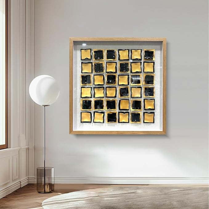 BrightA Black and Gold 3D Wall Art with Textured Grid Design Handcrafted Acrylic Panels in Solid Wood Frame, Modern Abstract Sculpture for Contemporary Living Room Office 31.5"x31.5"