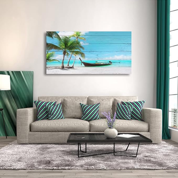 Beach Canvas Wall Art Seascape Pictures Home Decor Ocean Coconut Tree Sunset Poster Prints Paintings for Living Room Bathroom Bedroom Kitchen Office Decorations Natural Landscape Artwork 24x48inches