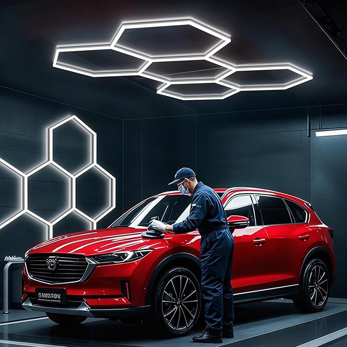 BRILLIHOOD Hexagon Garage Lights, LED Honeycomb Lights Ceiling, 192W, 23040LM, 6500K Super Bright, 5 Grid Systems Car Detailing Light for Garage Warehouse Workshop Basement Gym