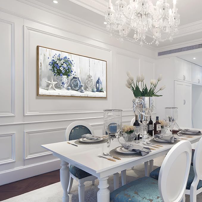 Nicetop Large Framed Artwork for Walls – Coastal Rustic Farmhouse Art Prints Blue and White Floral Canvas Art Vintage Country Shabby Chic Wall Picture for Living Room Bedroom Kitchen Dining 48x24 Inch